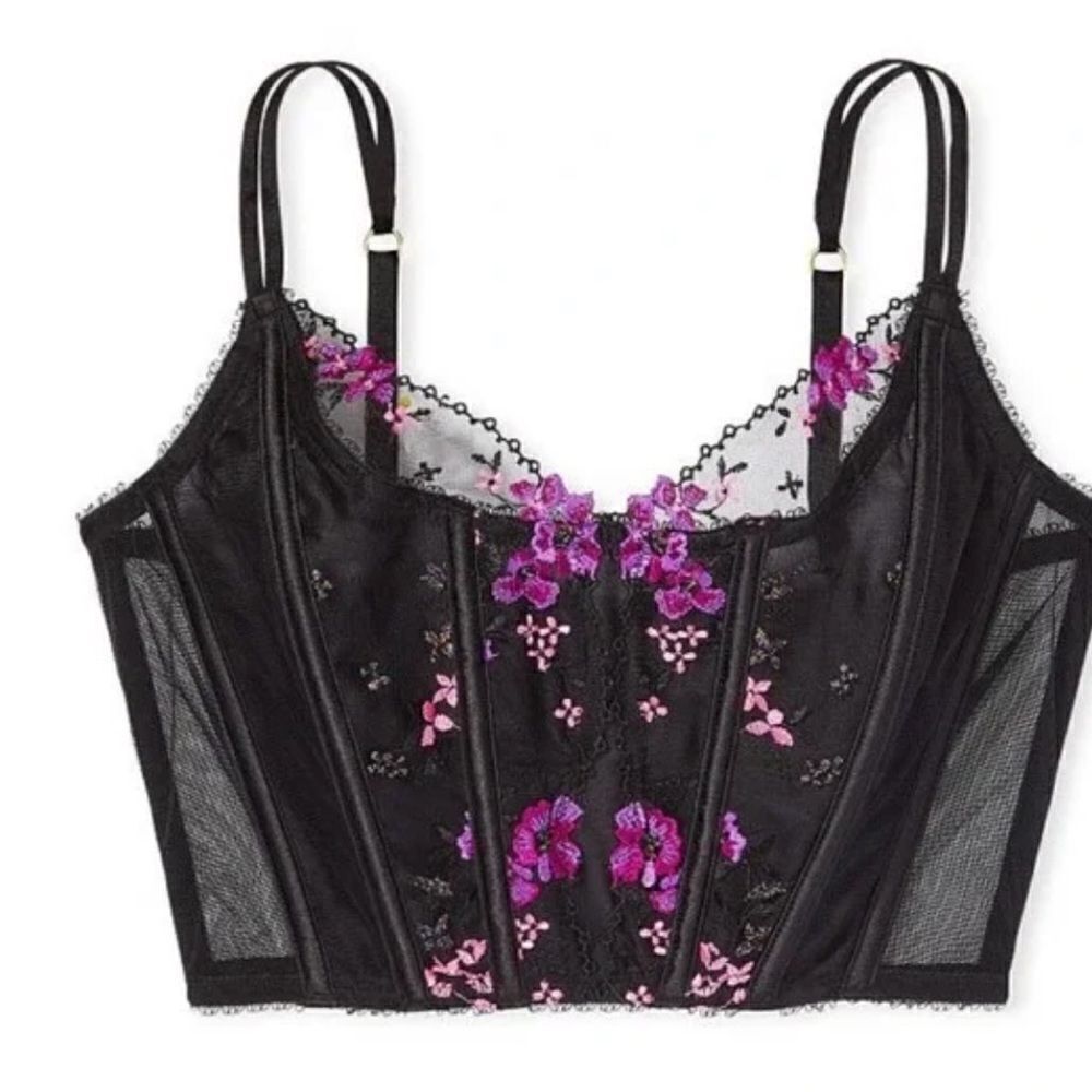 Victorias Secret Very Sexy Unlined Black Floral Embroidery Corset Top